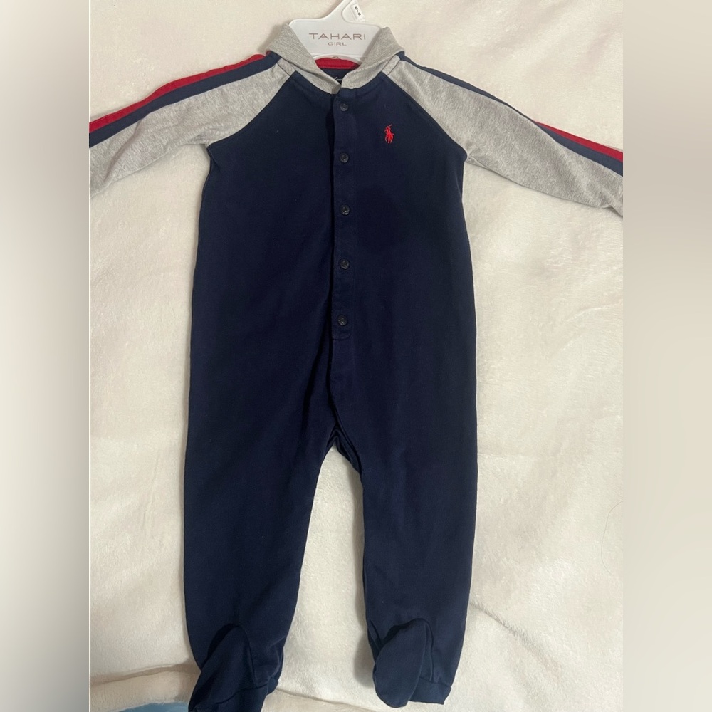 Navy and Gray Baby Onesie with Red Accents